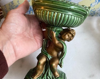 Vtg. angel pedestal planter or holder. No bottom label or tag/ 1960s. Make a great bathroom soap dish or trinket holder.