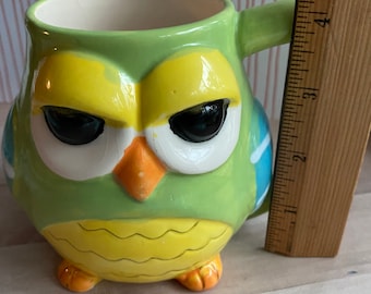 Colorful whimsical Owl ceramic coffee mug. Stands 4.5” tall /  Uses: coffee mug, kitchen decor planter, and pencil holder!!