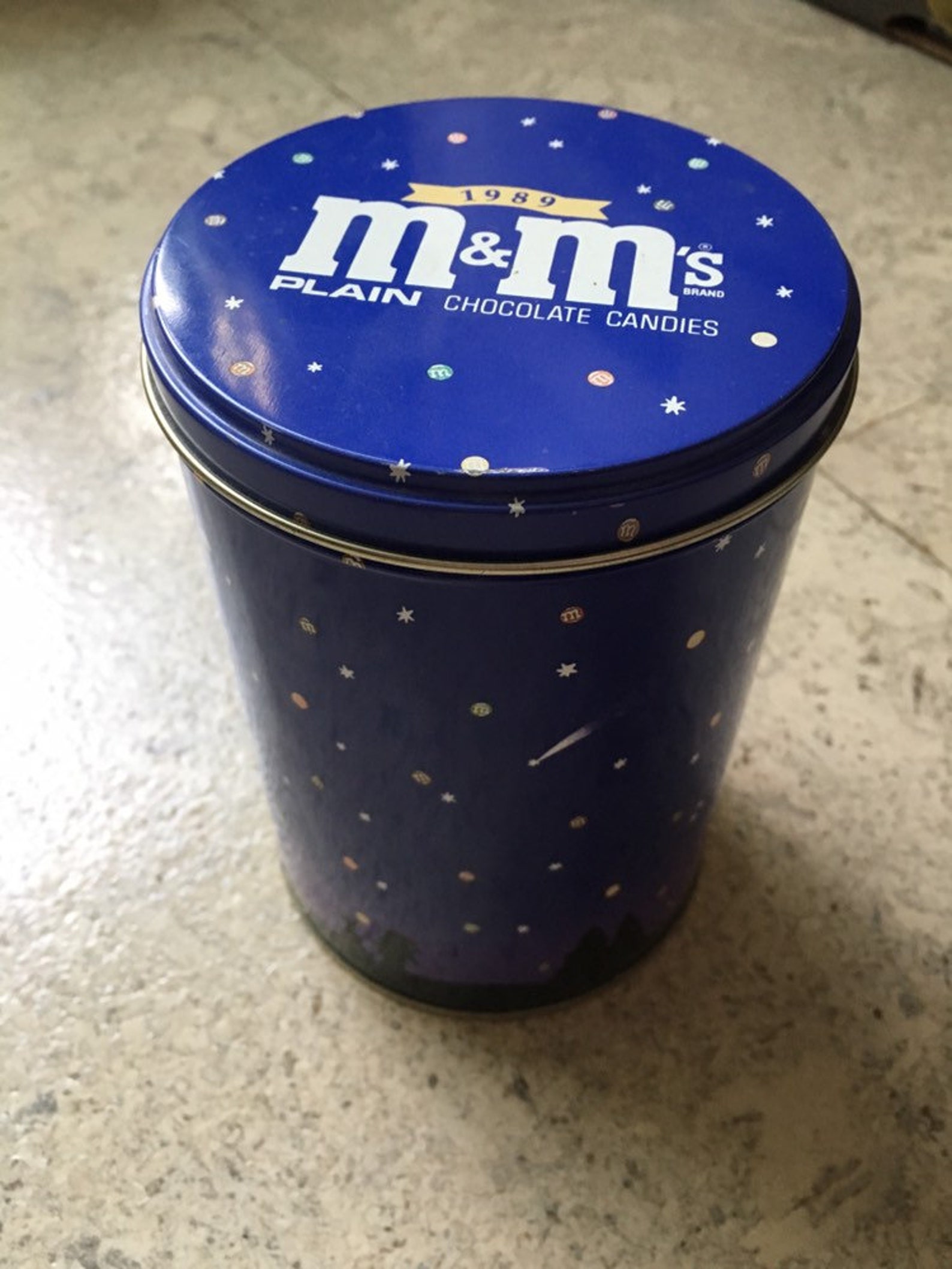 1989 M&M Tin Canister. Note the dog and his owner looking Etsy