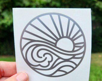 Sun Ocean Waves Decal, Beach Waves Decal, Car Decal, Vinyl Decal, Ocean Sun Vinyl Decal, Surfing Decal, Laptop Decal