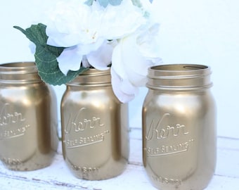 Set of 3 Gold Mason Jar Vases, Rustic Wedding Centerpieces