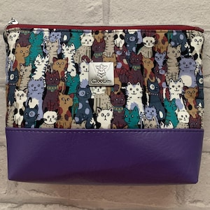 Makeup bag,travel pouch,cute kitten fabric,cotton polyester,purple vinyl,cats,cartoon style,