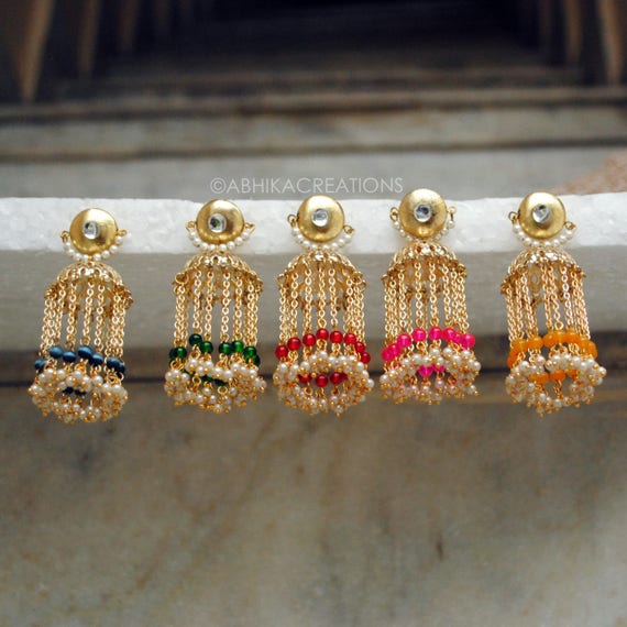 Half Gold Earrings Gift for Her Handmade Earrings Kundan Earrings Women/'s Earrings Gold Earring Pearl Beads Earrings Brass Earrings