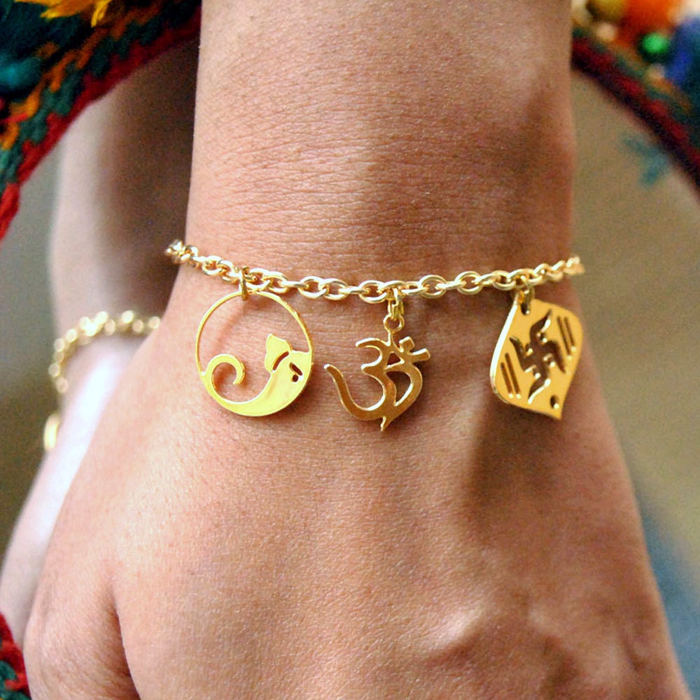 Golden Indian God Bracelet/Om Swastika Ganesha Charm Etsy