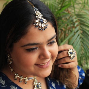 Royal Blue Kundan Full Set, Necklace Earring Ring Maangtikka Set, Traditional Indian Wedding Jewelry, Bollywood Jewelry, Pakistani Set