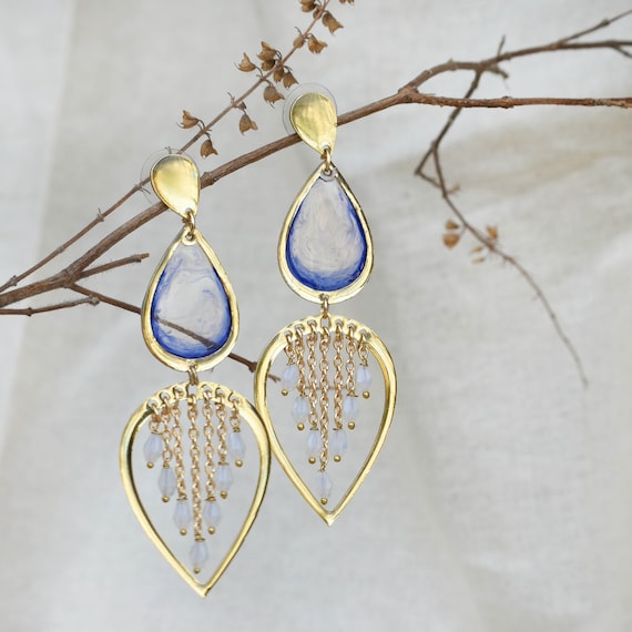 Handcrafted Water Dew Drops Transparent Blue Earrings Statement