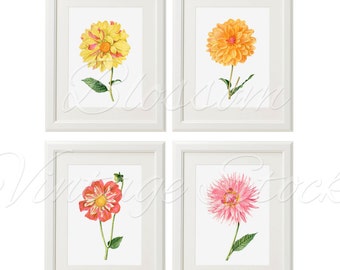 Happy Prints, Flower Illustrations Printable Wall Art, Set of 4 Prints, Floral digital download Art, Prints for kids, instant download  1375