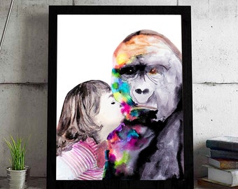 Teach them love - Animals Watercolor Art print/painting - Nursery gift! Gorilla art gift - Gorilla watercolor painting - kids animal gift