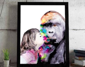 Teach them love - Nursery gift! Gorilla art gift - Gorilla watercolor painting