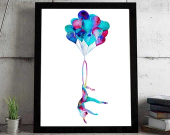 Carried away - Hoop Yoga Watercolor Print: Aerial Lyra Art, Balloons (Digital Download)