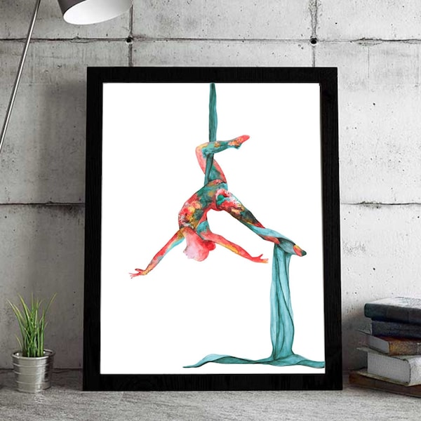 The silky lady - Aerial silks - Silk yoga Print watercolor painting - Aerialist gift - Vintage art