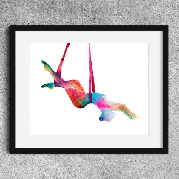 Held by straps - Straps artist gift - Aerial yoga - Fine Art Print watercolor painting - Yoga straps gift - Aerialist gift