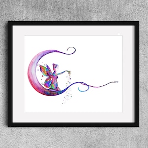 The moon fairy-Personalized watercolor  print/painting - Baby gift - Custom Nursery gift - customized baby girl present