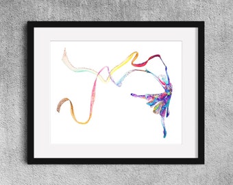 Die tanzende Dame - Ribbon Dancer Aquarell Kunstdruck: rhythmische Gymnastik