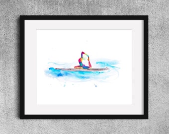 The floating yogi - Fine Art  Print yoga watercolor painting - Paddle board Yoga gift