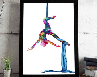 The silky lady - Aerial silks - Silk yoga Print watercolor painting - Aerialist gift