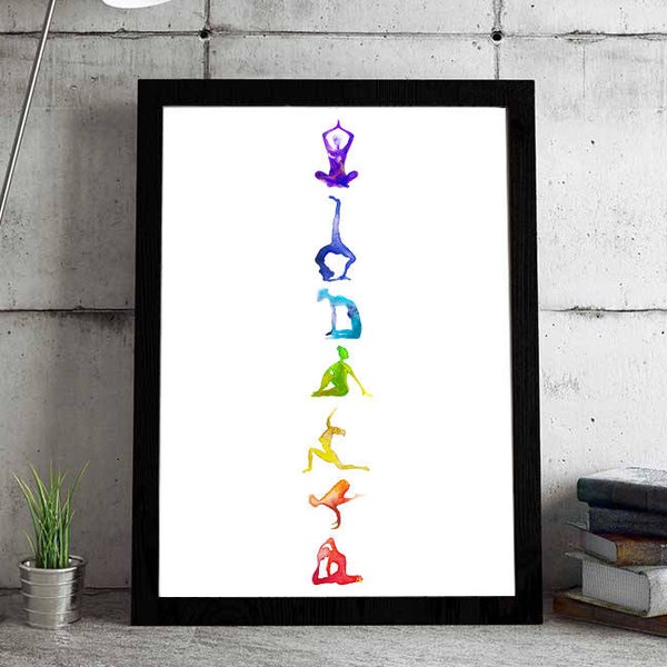 The Chakras alignment - Print yoga watercolor painting - Chakra symbols yoga gift - chakras watercolor - chakras art - chakras painting