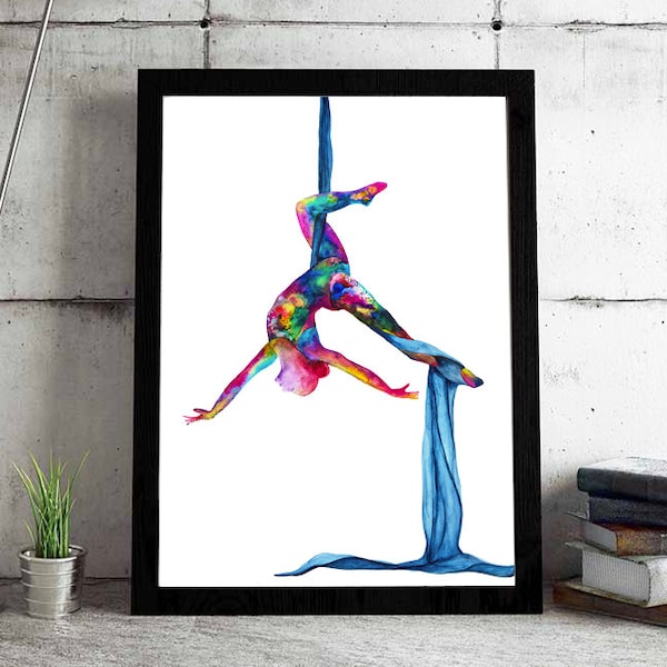 The silky lady - Aerial silks - Silk yoga Print watercolor painting - Aerialist gift