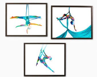 Aerial silks hammock yoga SET - Aerial yoga - Silk yoga Print watercolor painting - Aerialist gift - Hammock yoga - Set of 3