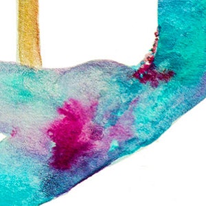 May include: Abstract watercolor painting with a flowing design in shades of teal, turquoise, magenta, and gold. The artwork features soft, blended colors and a textured appearance against a white background.