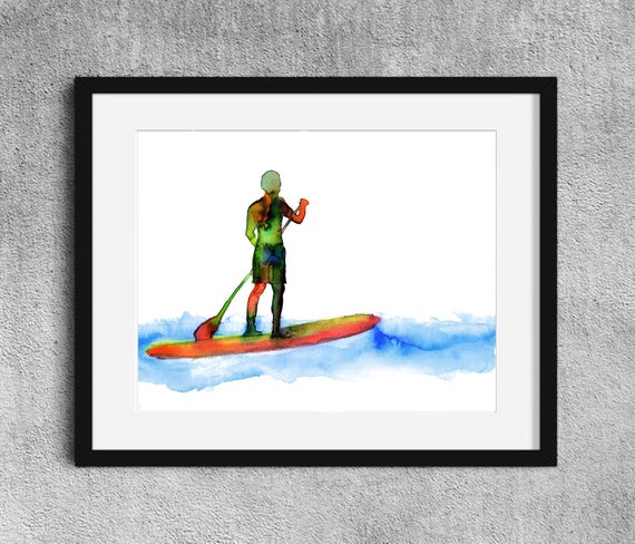 Peace and Paddle Fine Art Print Yoga Watercolor Painting Paddle Board Yoga  Gift Paddle Boarding Art Man Paddle Boarding 