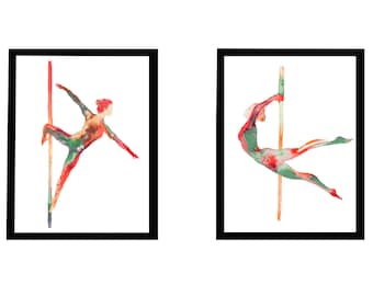 Pole Dancers Watercolor Art Prints: Retro Duo Set