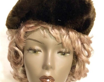 Vintage Faux Fur Brown Women's Beret Hat 1950's-Size Medium by designer MARCELLE ORIGINAL Made in England