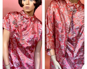Vintage 1960’s Cheongsam Dress with Matching Bolero Jacket in Salmon Pink and Silver Brocade with Silver Frog Closures