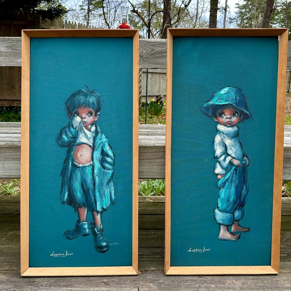 Rare! 2 Vintage Mid Century BARRY LEIGHTON JONES Bright Turquoise Original Oil on Board Paintings of Street Urchins Children Framed