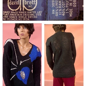 80’s! Vintage Embellished Pullover Sweater by Gregor Brett in Black, Electric Blue and Silver Sequins