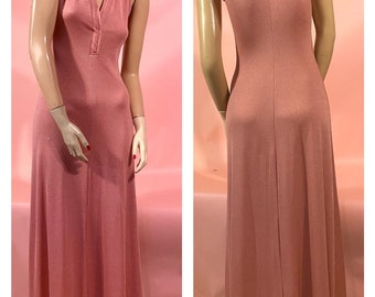 True Vintage 1970’s Dusty Rose Maxi Nylon Sleeveless Dress Super Sexy!