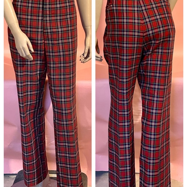 True Vintage 1960’s MEN’S Red Plaid Pants Golf Lightweight Wool in Vibrant Red, Blue & Green Waist 38” Super SLACKS!