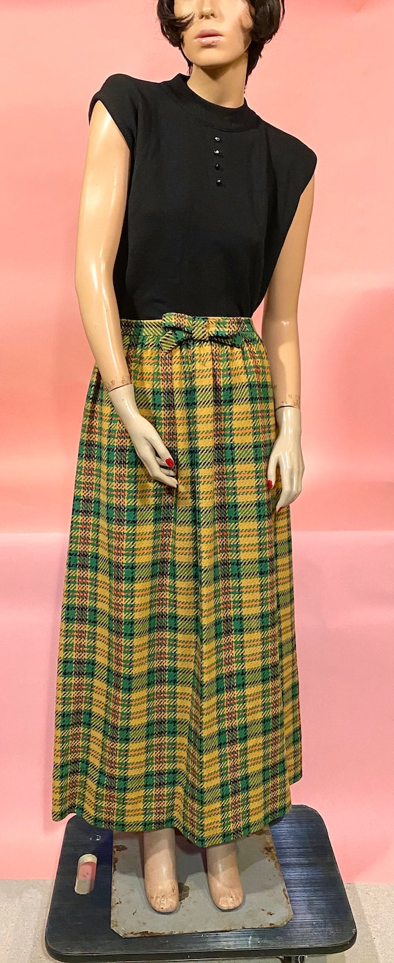 True Vtg 60 s Plaid Maxi Skirt Mustard Yellow Green Orange with Bow in Front Pleated in The Back MOD Size Small