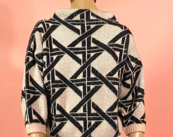 Vintage 1980’s ABSTRACT GEOMETRIC Pattern Pullover Women’s Sweater by FABRIZIO in Very Pale Pink & Black Sz. S/M