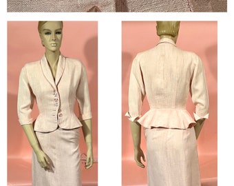 Amazing Vintage 1940’s-1950’s Pale Pink Linen Women’s Suit Jacket & Matching Skirt GORGEOUS! PXS 22” Waist