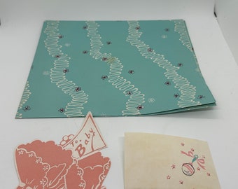 Vintage Mid Century Wrapping Paper with Matching Flocked Die Cut Out Baby Booties Card-Baby Shower Motif 26” x 16”