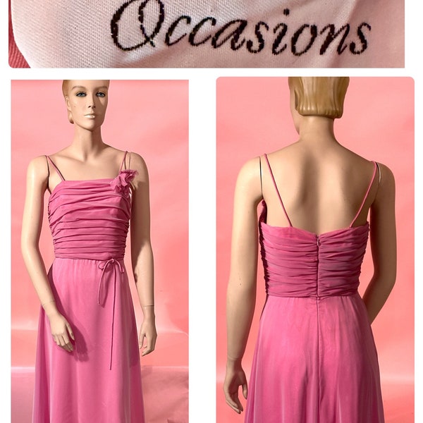 Vintage 70’s Pink Jim Hjelm Chiffon Gown Prom Dress Spaghetti Straps Flower Ruched  Bodice Small Bridesmaid