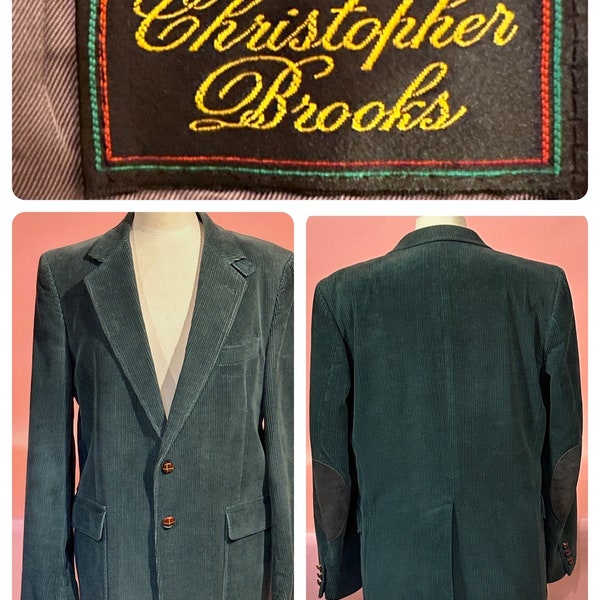 CHRISTOPHER BROOKS vintage des années 1980 veste blazer en velours côtelé vert foncé avec coudières en daim 42