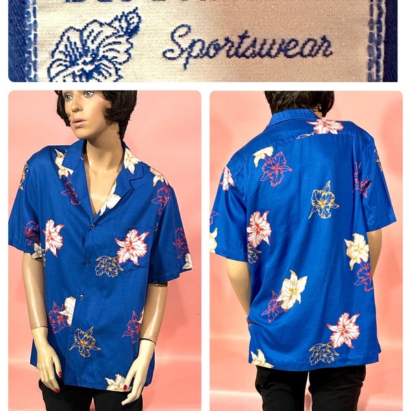 True Vintage 1960’s Men’s/Women’s Hawaiian Shirt in Brilliant Blue Floral by BLUE HAWAII SPORTSWEAR Size Small/Medium