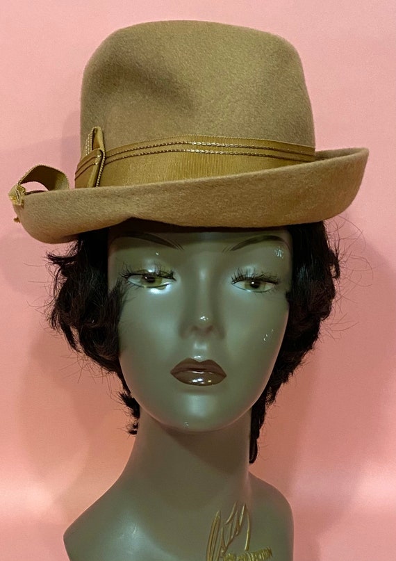Vintage 1940’s-50’s Women’s Tan Beige Fedora Hat … - image 1