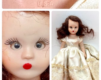 Vintage 1950’s Nancy Anne Doll Storybook Dolls Sleepy Eyes Hard Plastic Movable Arms White Rayon Lace Dress Brunette