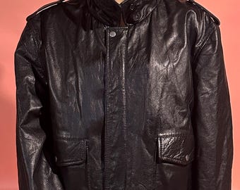 Vintage Italian Leather Jacket, Men's Black Bomber Style, Chest 50"