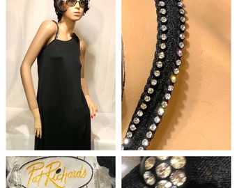 Vtg. 70’s Maxi Banlon Dress Gown by PAT RICHARDS Black RHINESTONES on Shoulder Straps-Perfect for a Prom!