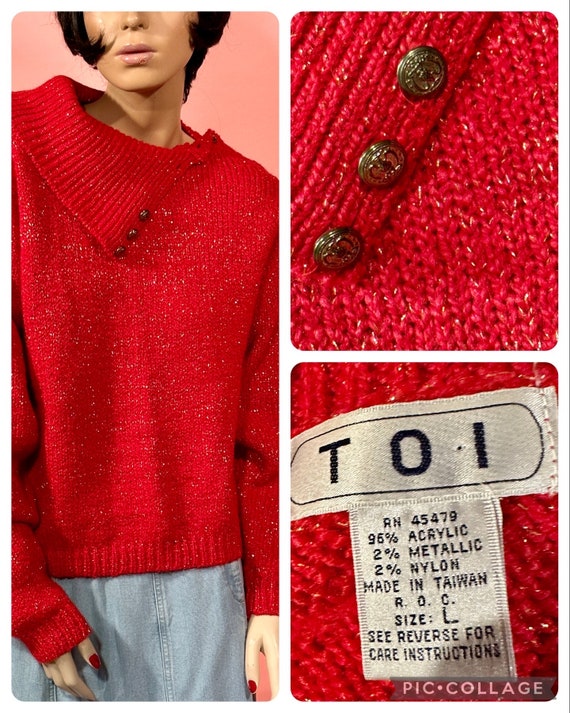 Vtg. 1970s TOI Red Sweater in Red Metallic Gold Thread Cowl Neck With Gold Buttons From the Shoulder to Neck Perfect for Back to School Etsy UK