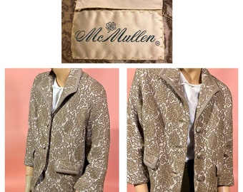 Vintage 1960’s Mid Century Floral Knitted Women’s Bolero Suit Jacket in Beige Brown and White by McMullen Lord & Taylor Size Medium