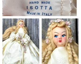 Vintage 1950's Artistic Doll Made in Isotta Italien Gemaltes Gesicht, Drahtkörper, blondes Mohair, gelbes Rayon-Prinzessinnenkleid