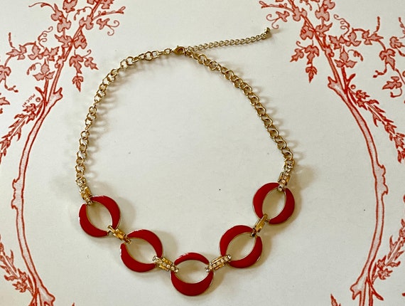 Vintage 1990’s Red Enamel & Gold Tone Necklace - image 2