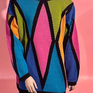 Vintage 80’s!! Pullover Sweater Color Block Geometric Diamond Ramie Cotton Sweater Size XL BRILLIANT Pink, Turquoise, Green Shoulder Pads!