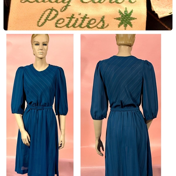 Vintage 1970’s LADY CAROL PETITES of New York Marine Blue Striped Secretary Dress with 3 Buttons on Shoulder, Elastic Waist & Matching Belt