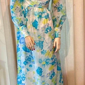 Vtg  1960’s Blue and Green Floral Maxi Dress with Empire Waist, Puffy Sheer Sleeves White Trim at Hem French Cuffs